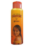 A bottle of Carotone Brightening Lotion, Light + Natural formula, featuring a yellow and orange gradient design with a model's face on the label and a flip-top cap.