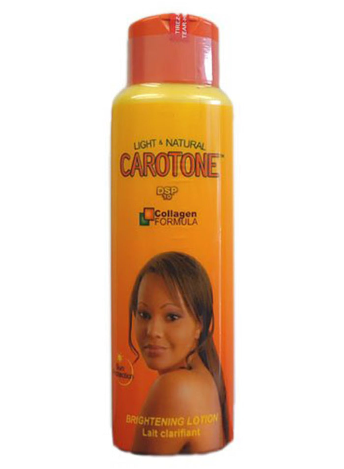 A bottle of Carotone Brightening Lotion, Light + Natural formula, featuring a yellow and orange gradient design with a model's face on the label and a flip-top cap.