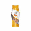 A bottle of Paw Paw Lait Clarifiant hair clarifying shampoo with a yellow and white design, featuring a graphic of a woman's face and a papaya slice on the label.